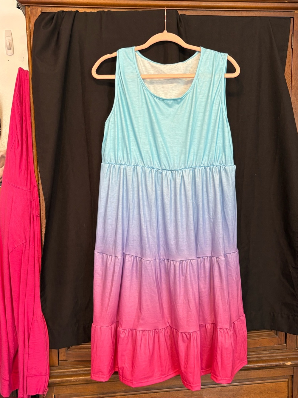 Amidoa Women's Summer blue to purple to pink Ombre Tiered Dress. Size XXL